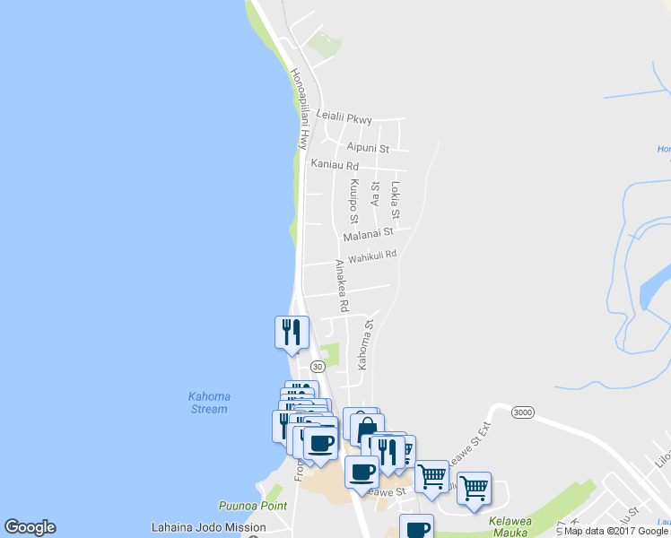 map of restaurants, bars, coffee shops, grocery stores, and more near 130 Wahikuli Road in Lahaina