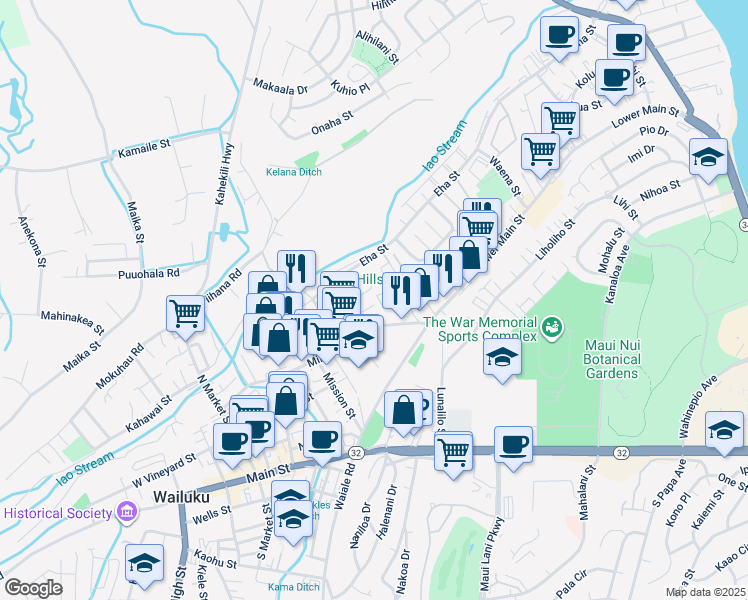 map of restaurants, bars, coffee shops, grocery stores, and more near 1580 Wili Place in Wailuku