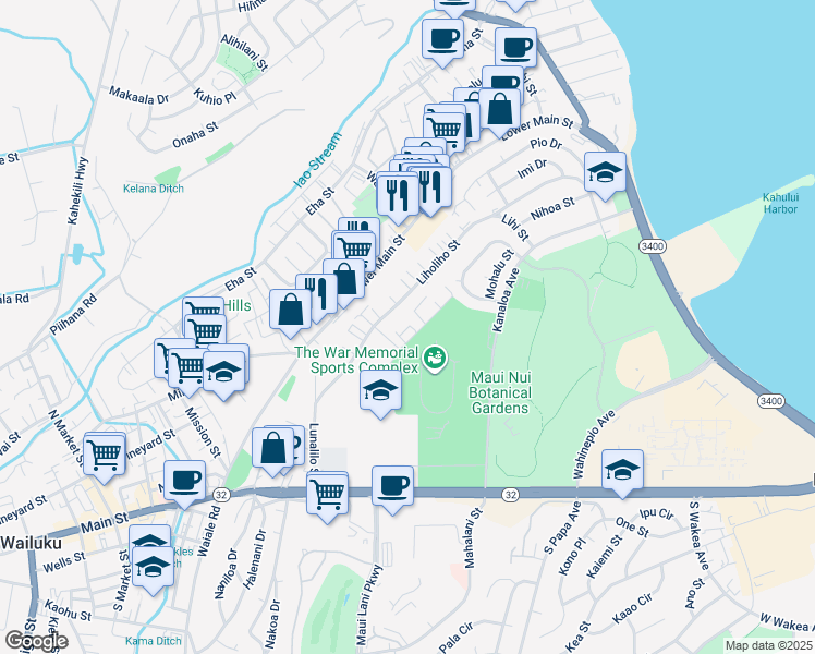 map of restaurants, bars, coffee shops, grocery stores, and more near 335 Leleihoku Street in Wailuku