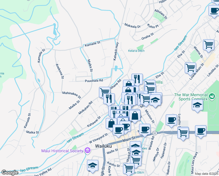 map of restaurants, bars, coffee shops, grocery stores, and more near 1820 Piihana Road in Wailuku