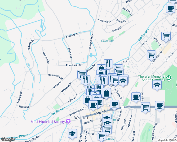 map of restaurants, bars, coffee shops, grocery stores, and more near 1809 Piihana Road in Wailuku