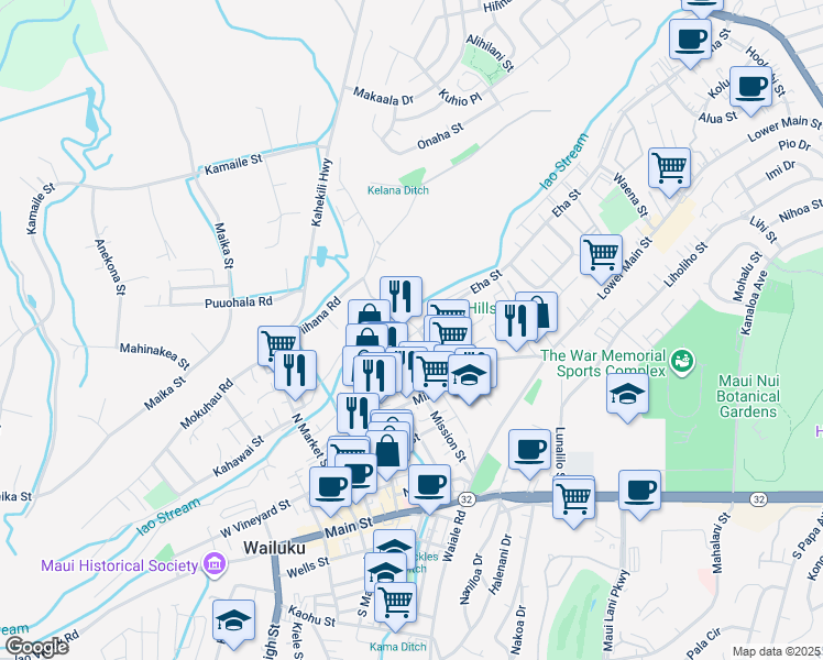 map of restaurants, bars, coffee shops, grocery stores, and more near 1887 Wili Pa Loop in Wailuku