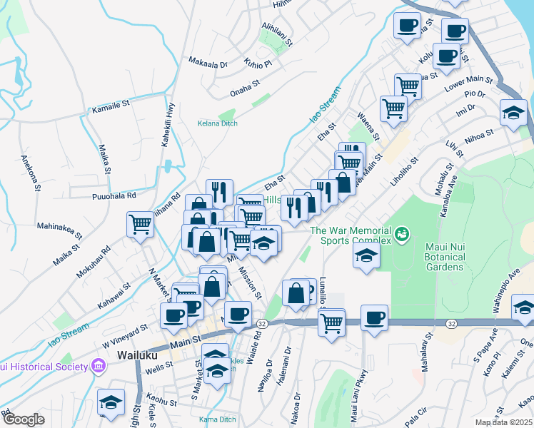 map of restaurants, bars, coffee shops, grocery stores, and more near 1597 Ono Street in Wailuku