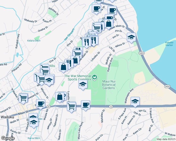 map of restaurants, bars, coffee shops, grocery stores, and more near 335 Leleihoku Street in Wailuku