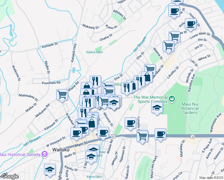 map of restaurants, bars, coffee shops, grocery stores, and more near 250 Halewili Street in Wailuku