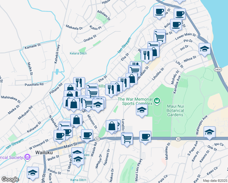 map of restaurants, bars, coffee shops, grocery stores, and more near 34 Ainaola Street in Wailuku