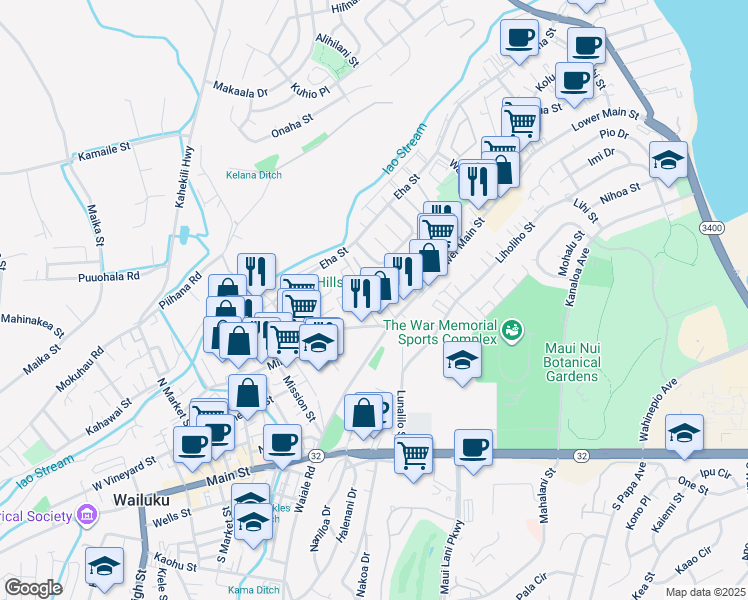 map of restaurants, bars, coffee shops, grocery stores, and more near 247 Ainahou Place in Wailuku