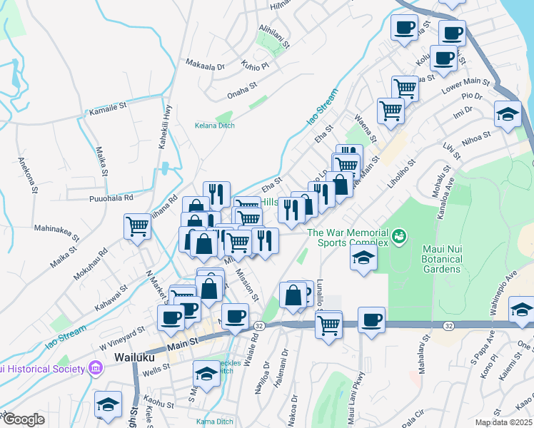 map of restaurants, bars, coffee shops, grocery stores, and more near 1591 Ono Street in Wailuku
