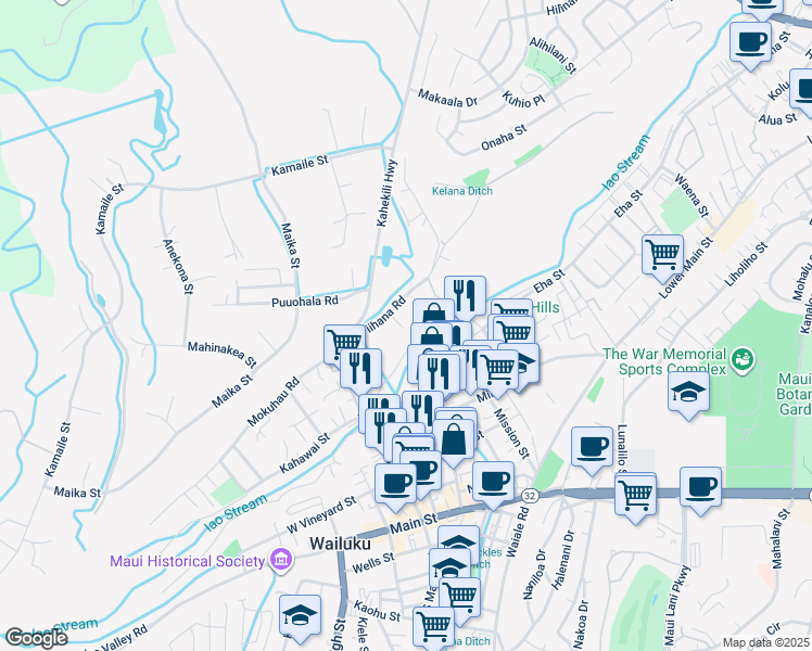 map of restaurants, bars, coffee shops, grocery stores, and more near 366 Kapanui Place in Wailuku