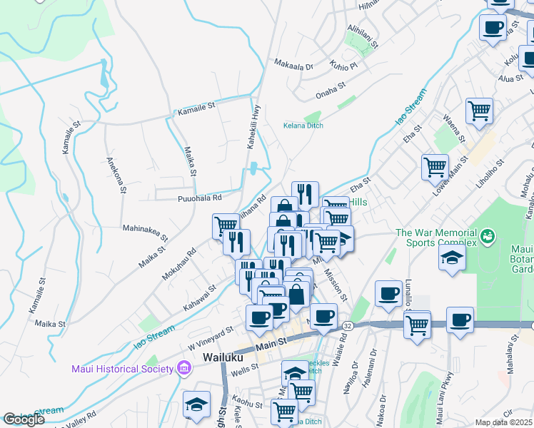 map of restaurants, bars, coffee shops, grocery stores, and more near 366 Kapanui Place in Wailuku