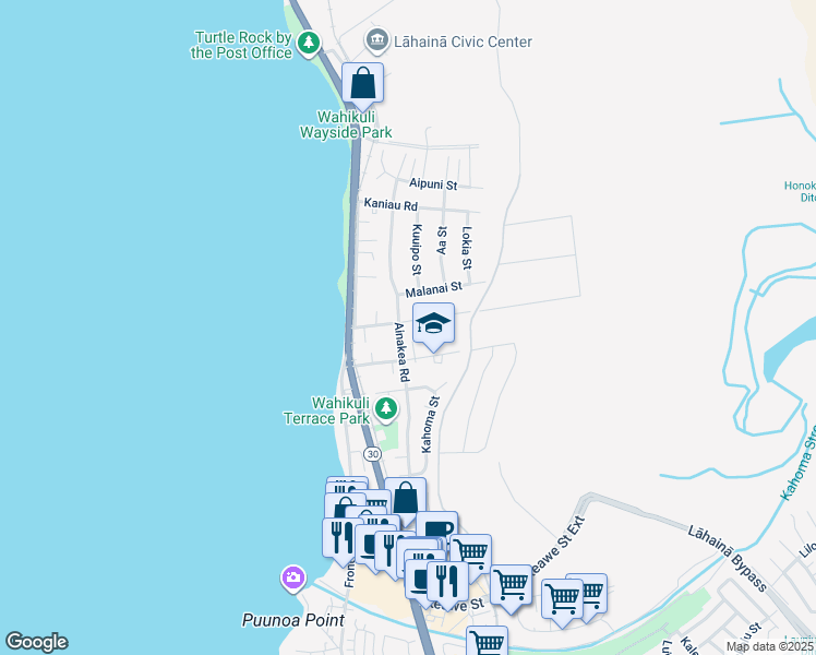 map of restaurants, bars, coffee shops, grocery stores, and more near 142 Wahikuli Road in Lahaina