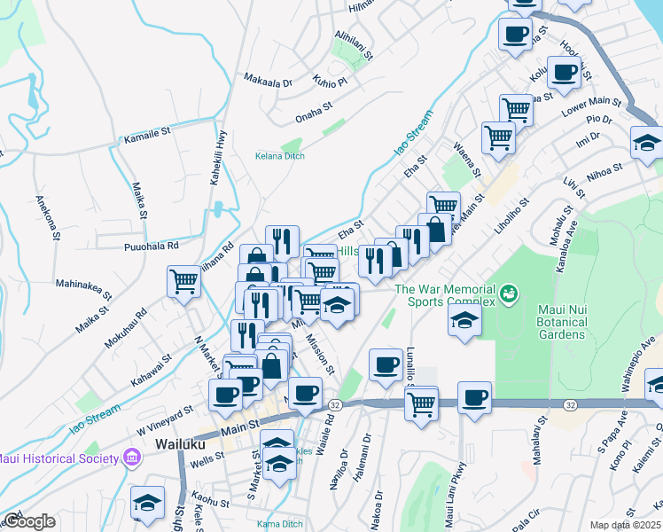 map of restaurants, bars, coffee shops, grocery stores, and more near 250 Halewili Street in Wailuku
