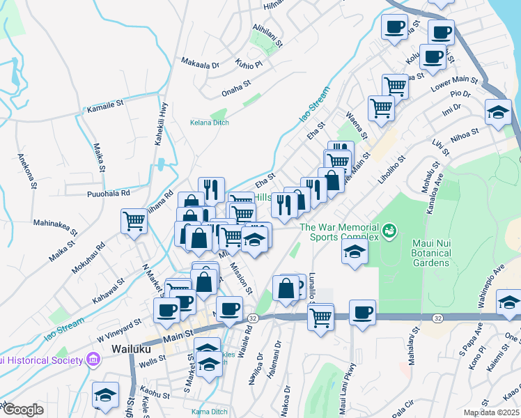 map of restaurants, bars, coffee shops, grocery stores, and more near 1591 Ono Street in Wailuku