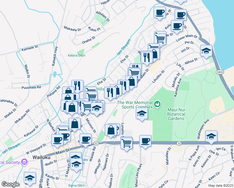 map of restaurants, bars, coffee shops, grocery stores, and more near 244 Ainahou Place in Wailuku
