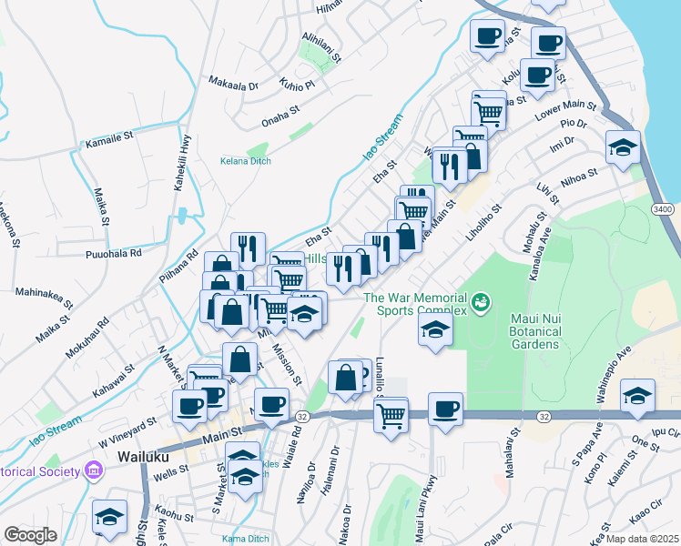 map of restaurants, bars, coffee shops, grocery stores, and more near 1523 Koene Place in Wailuku