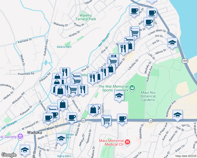 map of restaurants, bars, coffee shops, grocery stores, and more near 244 Ainahou Place in Wailuku