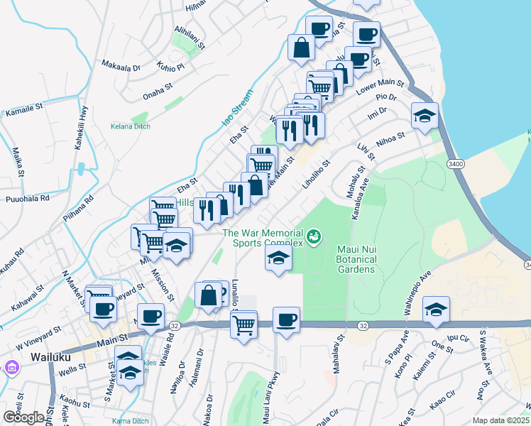 map of restaurants, bars, coffee shops, grocery stores, and more near 295 Liholiho Street in Wailuku