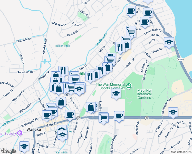 map of restaurants, bars, coffee shops, grocery stores, and more near 244 Ainahou Place in Wailuku