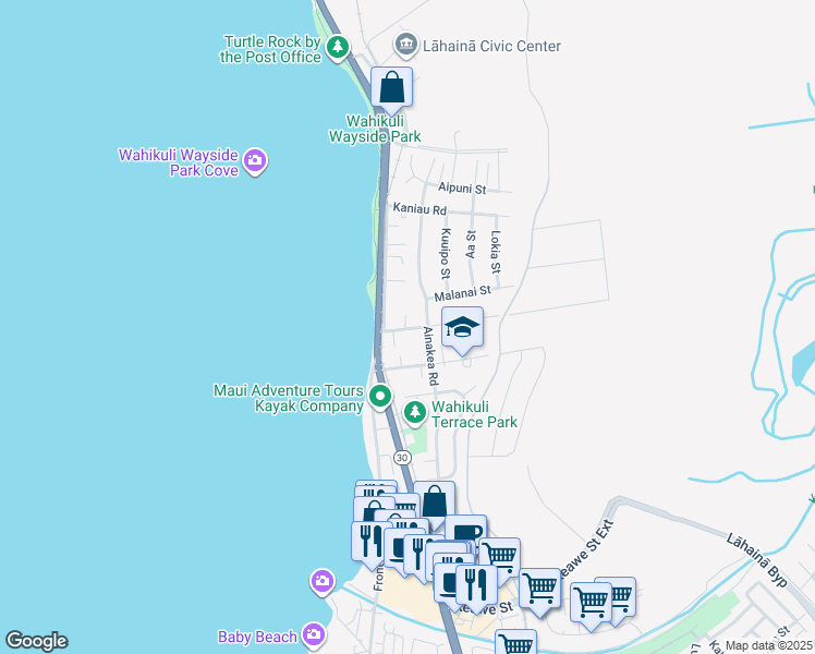 map of restaurants, bars, coffee shops, grocery stores, and more near 127 Wahikuli Road in Lahaina