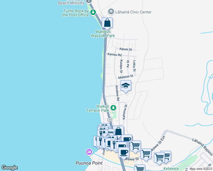 map of restaurants, bars, coffee shops, grocery stores, and more near 125 Wahikuli Road in Lahaina