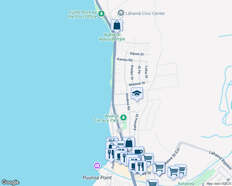 map of restaurants, bars, coffee shops, grocery stores, and more near 1500 Malo Street in Lahaina