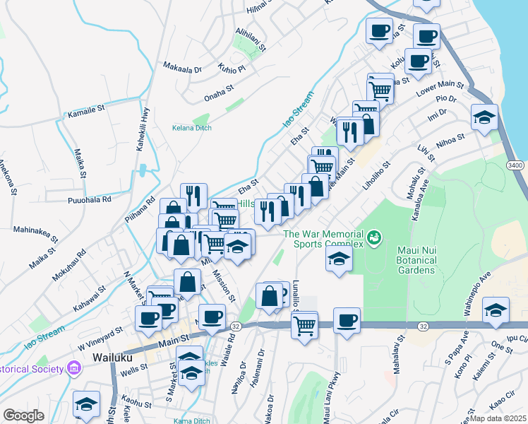 map of restaurants, bars, coffee shops, grocery stores, and more near 1523 Koene Place in Wailuku