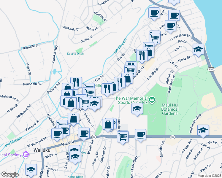 map of restaurants, bars, coffee shops, grocery stores, and more near 257 Ainahou Place in Wailuku