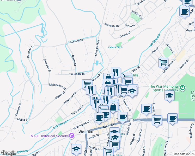map of restaurants, bars, coffee shops, grocery stores, and more near 1791 Piihana Road in Wailuku