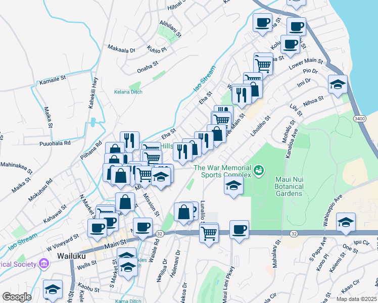 map of restaurants, bars, coffee shops, grocery stores, and more near 257 Ainahou Place in Wailuku