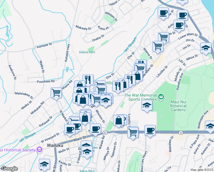 map of restaurants, bars, coffee shops, grocery stores, and more near 1590 Ono Street in Wailuku