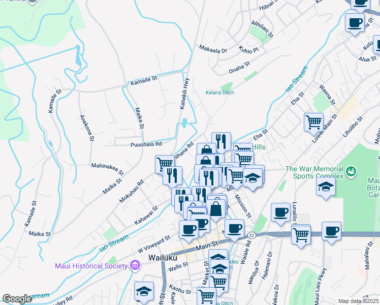 map of restaurants, bars, coffee shops, grocery stores, and more near 384 Kapanui Place in Wailuku