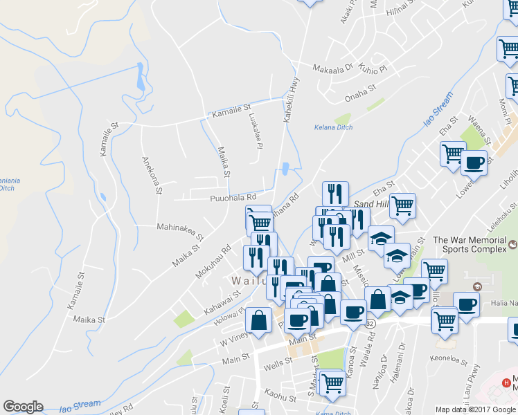 map of restaurants, bars, coffee shops, grocery stores, and more near 2011 Puuohala Road in Wailuku