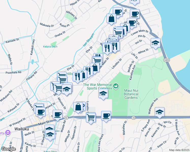 map of restaurants, bars, coffee shops, grocery stores, and more near 1351 Lower Main Street in Wailuku