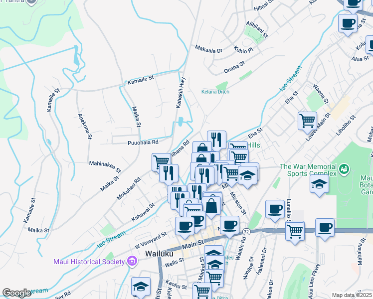 map of restaurants, bars, coffee shops, grocery stores, and more near 1771 Piihana Road in Wailuku