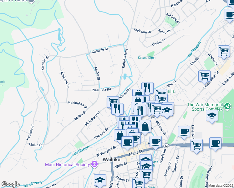 map of restaurants, bars, coffee shops, grocery stores, and more near 210 Alake St in Kahului