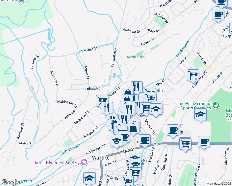 map of restaurants, bars, coffee shops, grocery stores, and more near 375 Kapanui Place in Wailuku