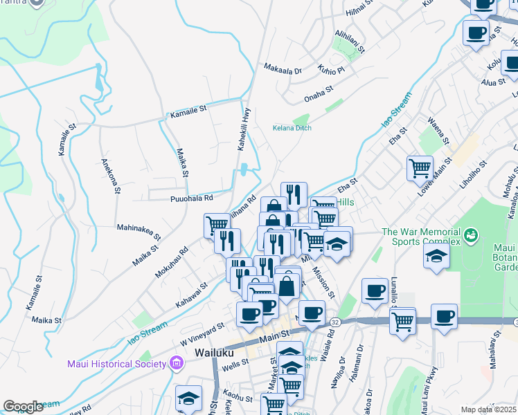 map of restaurants, bars, coffee shops, grocery stores, and more near Piihana Road in Maui County