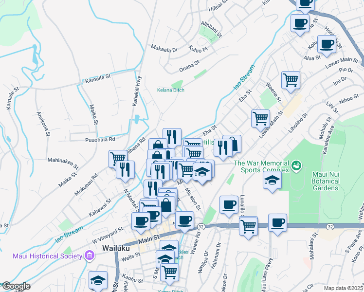 map of restaurants, bars, coffee shops, grocery stores, and more near 1887 Wili Pa Loop in Wailuku
