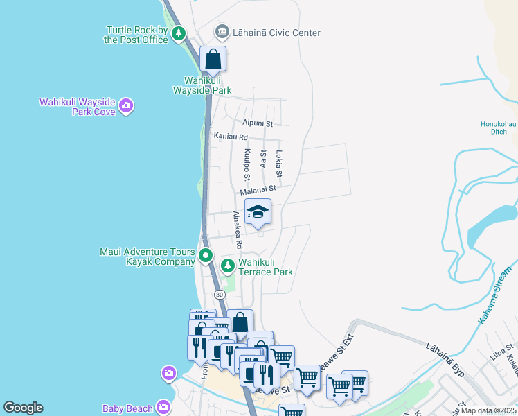 map of restaurants, bars, coffee shops, grocery stores, and more near 176 Wahikuli Road in Lahaina