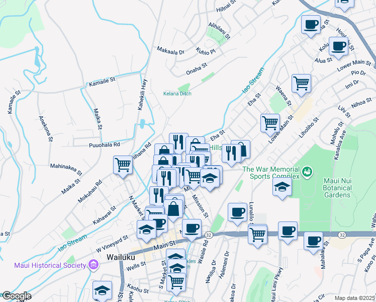 map of restaurants, bars, coffee shops, grocery stores, and more near 280 Imi Kala Street in Wailuku