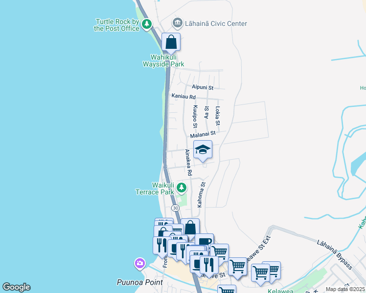 map of restaurants, bars, coffee shops, grocery stores, and more near 129 Wahikuli Road in Lahaina