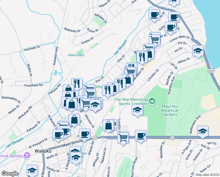 map of restaurants, bars, coffee shops, grocery stores, and more near 271 Ainahou Place in Wailuku
