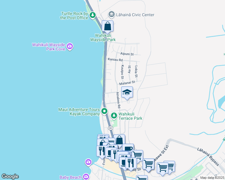 map of restaurants, bars, coffee shops, grocery stores, and more near 123 Wahikuli Road in Lahaina