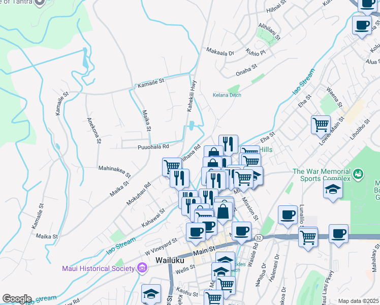 map of restaurants, bars, coffee shops, grocery stores, and more near 1790 Piihana Road in Wailuku