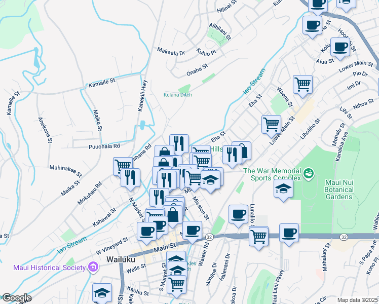 map of restaurants, bars, coffee shops, grocery stores, and more near 280 Imi Kala Street in Wailuku