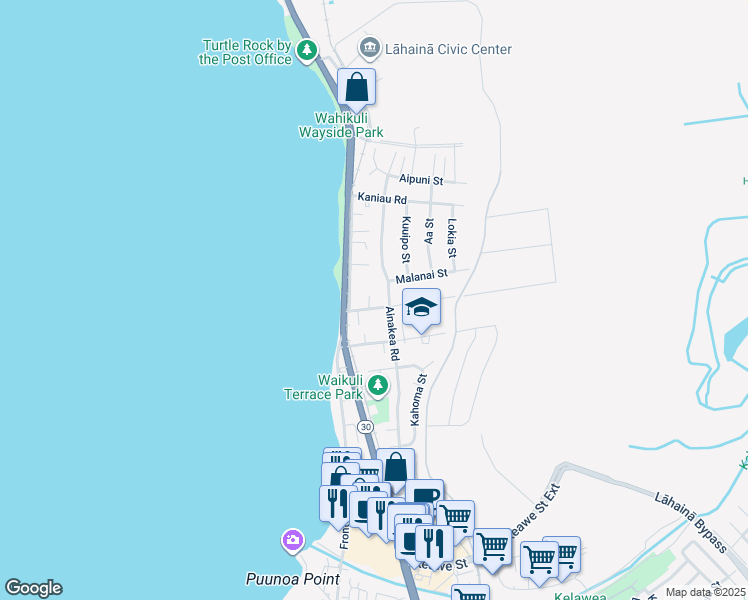 map of restaurants, bars, coffee shops, grocery stores, and more near 123 Wahikuli Road in Lahaina