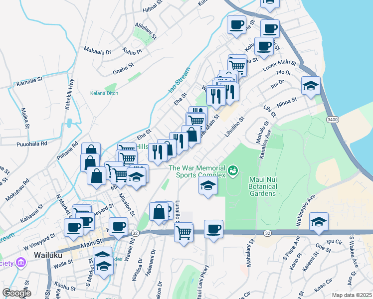 map of restaurants, bars, coffee shops, grocery stores, and more near 1362 Lower Main Street in Wailuku