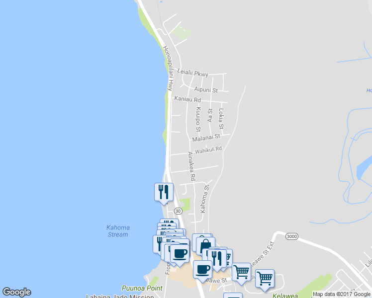 map of restaurants, bars, coffee shops, grocery stores, and more near 129 Wahikuli Road in Lahaina