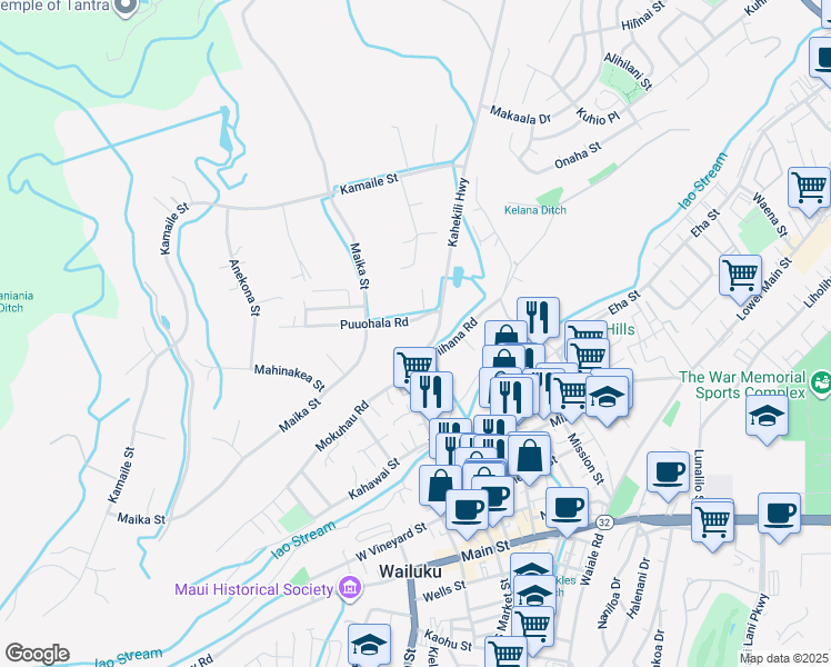 map of restaurants, bars, coffee shops, grocery stores, and more near 2011 Puuohala Road in Wailuku