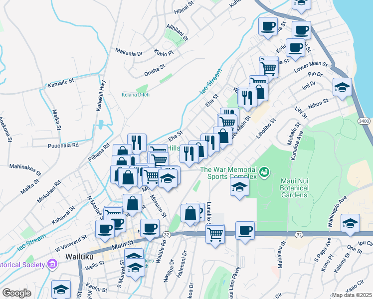 map of restaurants, bars, coffee shops, grocery stores, and more near 1502 Koene Place in Wailuku
